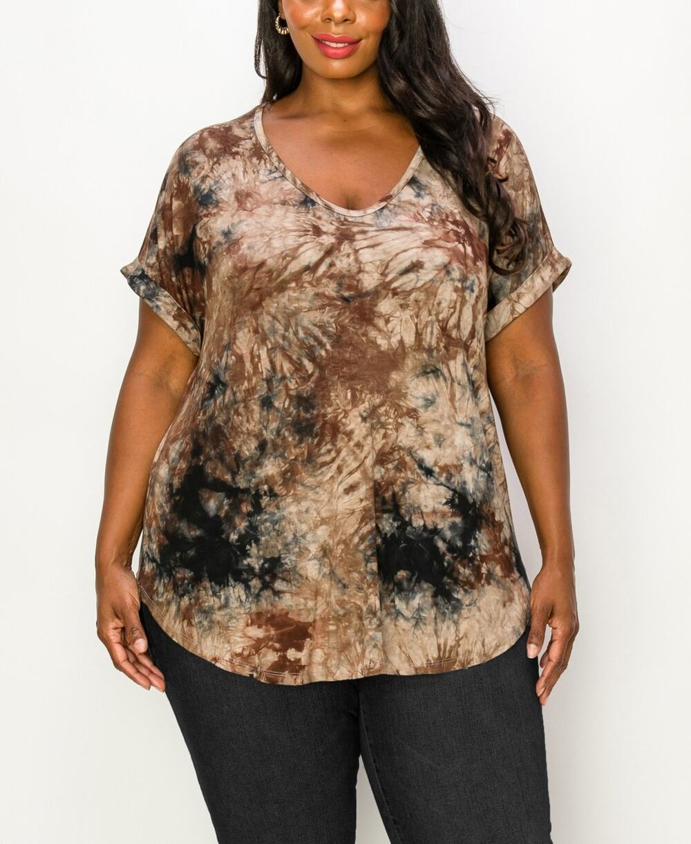COIN 1804 Plus Size Tie Dye V-neck Rolled Short Sleeve Top Size 2X 4014
